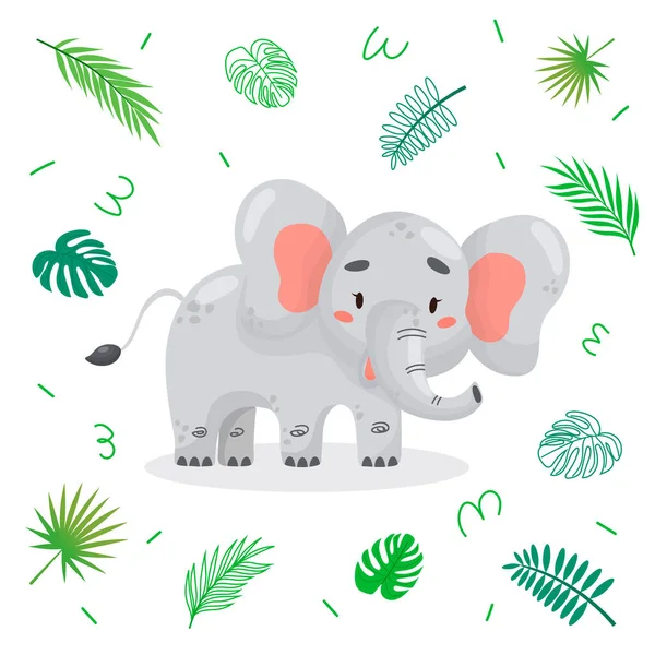 Éléphant Dessin Animé Mignon Avec Des Feuilles Tropicales Illustration Caractères — Image vectorielle