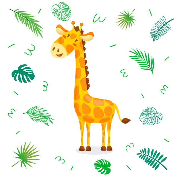 Mignon Dessin Animé Girafe Avec Des Feuilles Tropicales Illustration Caractères — Image vectorielle