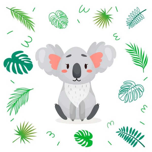 Mignon Koala Dessin Animé Avec Des Feuilles Tropicales Illustration Caractères — Image vectorielle