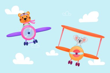 Uçaklarda bir sürü sevimli hayvan var. Çocuk nakli. Komik pilotlar. Kaplan, koala. Vektör illüstrasyonu