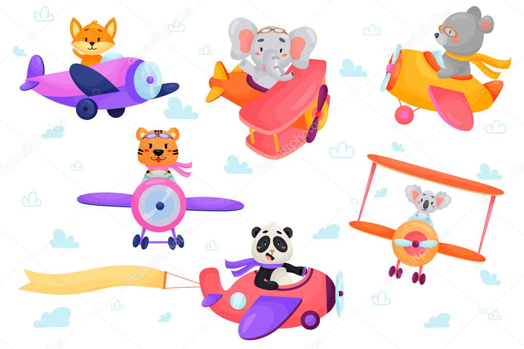 Set of cute animal on planes. Kids transport. Funny pilots. Fox, bear, tiger, elephant, panda, koala. Vector illustration