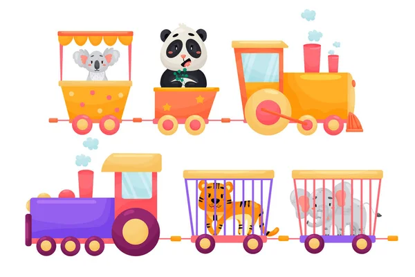 Vector Set Cartoon Children Train Animals Flat Vivid Puffer Carrying — Stock Vector