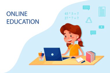 Kız masanın yanındaki dizüstü bilgisayarla internetten ders çalışıyor. İzole edilmiş beyaz arkaplan üzerindeki web siteleri için vektör düz illüstrasyon.