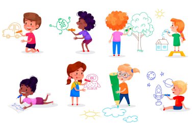 Çocuk karakterler beyaz duvarlara resim çiziyor. Uluslararası Çocuklar Günü. Yaz çocuk aktiviteleri. Vektör illüstrasyonları.