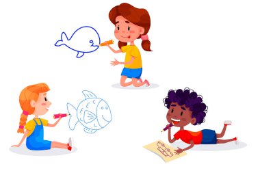 Çocuk karakterler beyaz duvarlara resim çiziyor. Uluslararası Çocuklar Günü. Yaz çocuk aktiviteleri. Vektör illüstrasyonları.