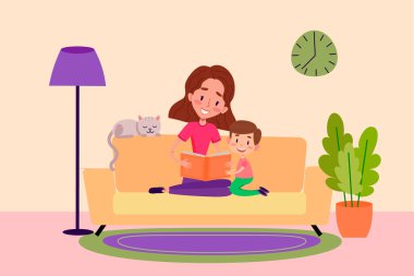 Serbest çalışan kız evde çalışıyor ve defterini masadaki sandalyeye oturtuyor. Quaranting ve evde kalma hakkında renkli çizimler.