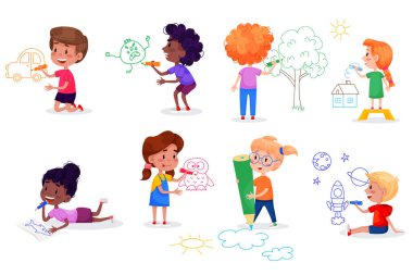 Çocuk karakterler beyaz duvarlara resim çiziyor. Uluslararası Çocuklar Günü. Yaz çocuk aktiviteleri. 