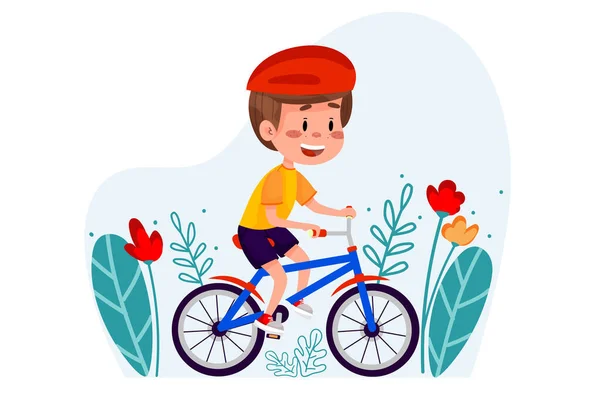 Pojke Ridning Cykel Bland Blommor Webstyle Bakgrund Sommaraktiviteter För Barn — Stockfoto