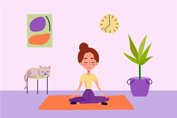 Mädchen Bewahren Ruhe Und Machen Yoga Der Nähe Von Katze — Stockfoto