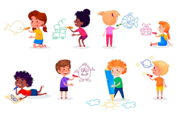 Kinderfiguren Zeichnen Auf Weißen Wänden Kinderinternationaler Tag Sommerliche Kinderaktivitäten — Stockfoto