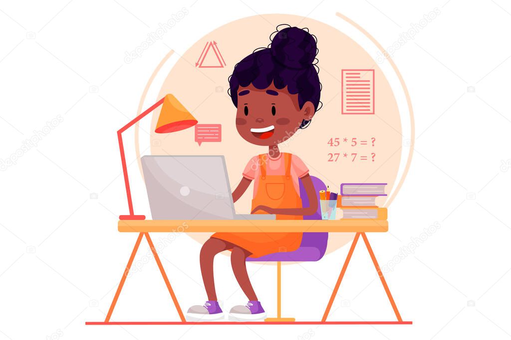 Girl is studying online with the laptop by the table at home. Vector flat illustration for websites on white isolated background. Quarantine stay home pandemic