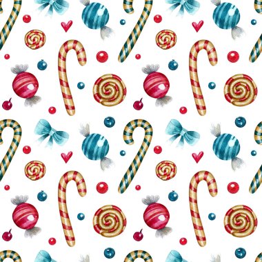 Beyaz zemin üzerinde lolipoplar, şekerler ve dekor elementleriyle sulu boya desenleri var. Tekstil, ambalaj kağıdı ve kartpostallar için parlak doku.
