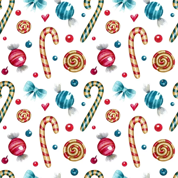 Aquarel Naadloos Patroon Met Lolly Snoepjes Decorelementen Witte Achtergrond Heldere — Stockfoto