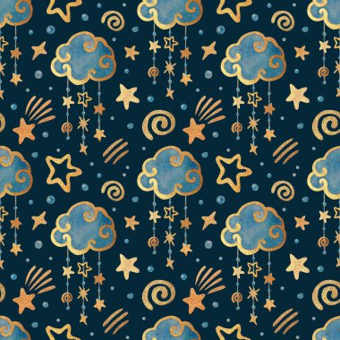 Yıldızlar ve bulutlarla suluboya kusursuz desen. Koyu arkaplanda altın rengi suluboya. Çocuklar suluboya gece çizimi. Çocuk tekstil ürünleri, kartlar, posterler, arka planlar için ideal.
