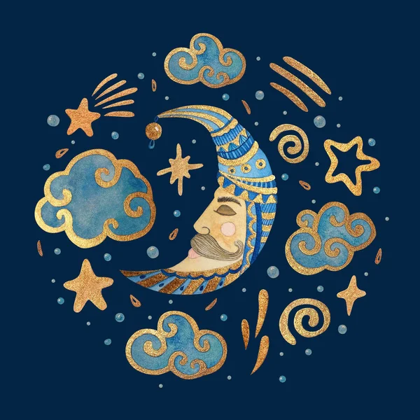 Акварельная Иллюстрация Луной Звездами Облаками Золотой Акварель Темном Фоне Дети — стоковое фото