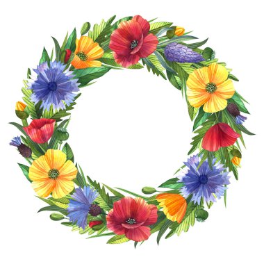 Yaban çiçekli romantik yaz çelengi. Düğün kartı, davetiye ve parmak izi için çiçek unsurlarıyla suluboya çizimi.