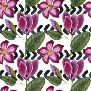 Çiçekler ve geometrik elementlerle suluboya kusursuz desen. Afrika motifli etnik modern tarz. Tekstil, kumaş, ambalaj ve diğer tasarım için elverişli.