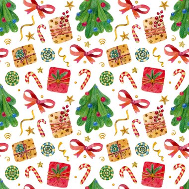 Noel ağacı, hediyeler, yıldızlar, şekerler ve beyaz arka planda altın elementlerle suluboya desenleri. El çizimi Noel arkaplanı.