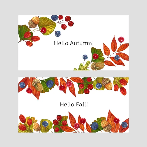 Autumn Watercolor Cards Colored Leaves Berries Acorn White Background Ideal — Stock Photo, Image