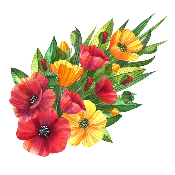Akwarelowy Bukiet Kwiatów Zaproszenia Ślubne Kartki Druki Maki Jaskry Liśćmi — Zdjęcie stockowe