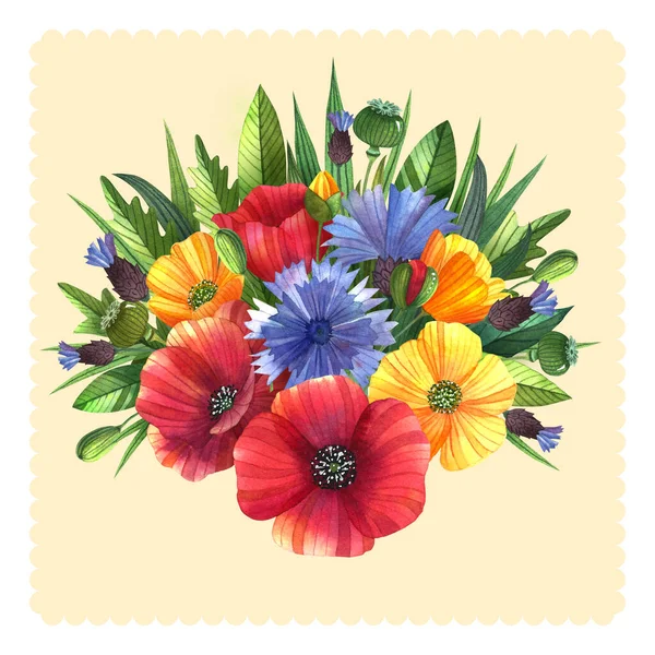 Akwarelowy Bukiet Kwiatów Zaproszenia Ślubne Kartki Druki Maki Jaskry Chabry — Zdjęcie stockowe