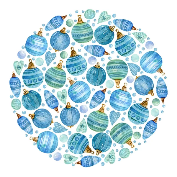 Boże Narodzenie Akwarela Okrąg Ramki Kolorowymi Kulkami Serca Śnieg Białym — Zdjęcie stockowe