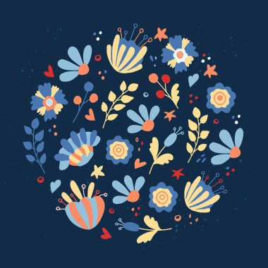 El çizimi vektör yuvarlak çerçeve şablonu. Yazı için yeri olan çiçek karalama çizimi. Davetiyeler, tebrik kartları, posterler, tasarım ögeleri için dekorasyon.