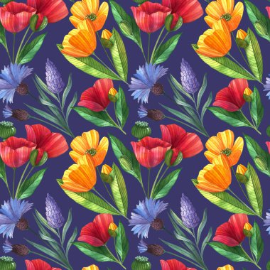 Haşhaş, düğün çiçeği, lavanta, mısır çiçeği ve yapraklı suluboya desenli. Çiçekleri ve tomurcukları olan çiçek elementleri..