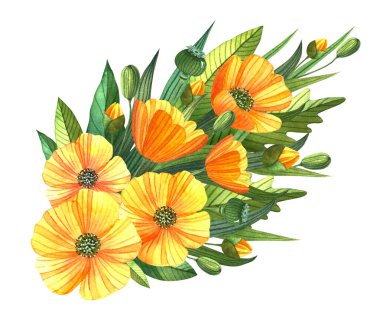 Düğün davetiyeleri, kartlar ve parmak izleri için suluboya çiçek buketi. Yapraklı ve tomurcuklu düğün çiçekleri. Çapraz çiçek bileşimi.