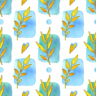 Yaprakları ve açık arkaplanda mavi geometrik şekilleri olan dikişsiz suluboya desen. Mürekkep darbesi ile elle çizilmiş altın suluboya.. 