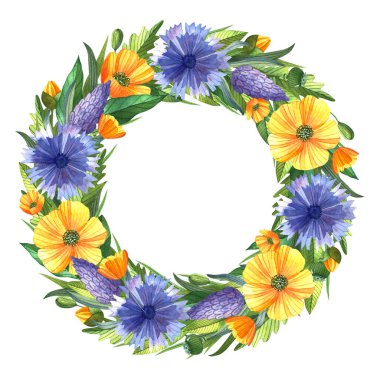 Vahşi çiçekli romantik yaz çelengi. Düğün kartı, davetiye ve parmak izi için çiçek unsurlarıyla suluboya çizimi.