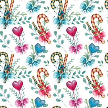 Lolipop ve fiyonklu suluboya desenler. Klasik kompozisyon. Tekstil, ambalaj kağıdı ve kartpostallar için parlak arkaplan.