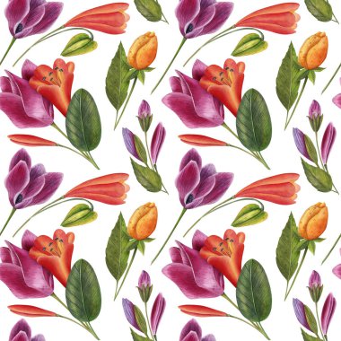 Açık arkaplanda çiçekler olan dikişsiz suluboya desen. Afrika motifli etnik modern tarz. Tekstil, kumaş, ambalaj ve diğer tasarım için elverişli.