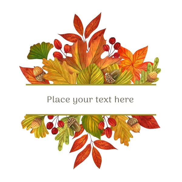 Herfst Aquarel Illustratie Frame Met Gekleurde Bladeren Bessen Witte Achtergrond — Stockfoto