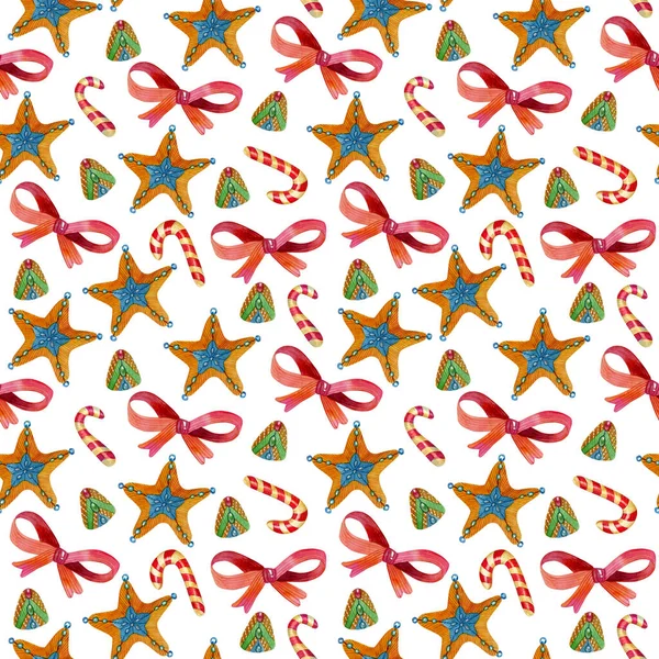 キャンディ そして白い背景に弓で水色のシームレスなパターン 手描きのクリスマスの背景 — ストック写真