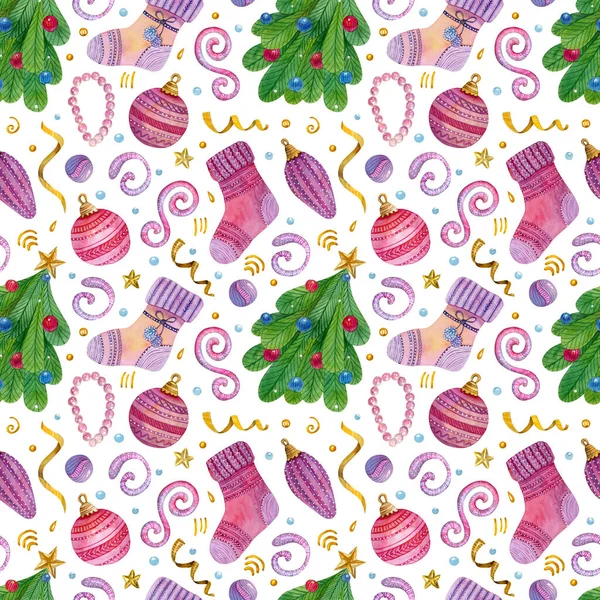 Watercolor Seamless Pattern Christmas Tree Stockings Stars Balls Serpentine White — Stock Photo, Image