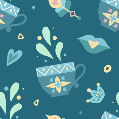 Bardaklar, kalpler ve dekorasyon elementleriyle parlak, pürüzsüz bir desen oluşturun. Düz çizim. Duvar kağıdı, tekstil, tebrik kartları, davetiyeler, baskılar, ev dekorasyonu için sanat eserleri.