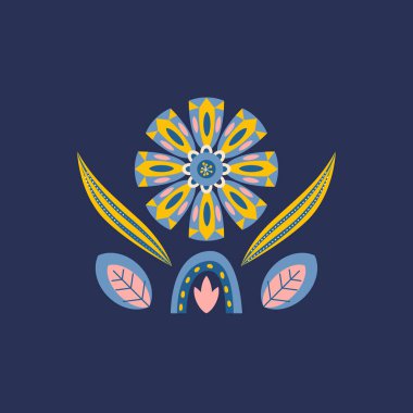 Karanlık arka planda etnik güdüleri olan vektör çiçek kompozisyonu. Vektör deseni çizimi. Kart, afiş, poster, tekstil ve ev dekorasyonu için sanat eserleri. 