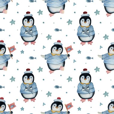 Penguen desenli suluboya desenli ve beyaz arka planda dekoratif elementler. Komik çocuk illüstrasyonu. Çocuk tekstil, ambalaj ve diğer tasarımlar için ideal.