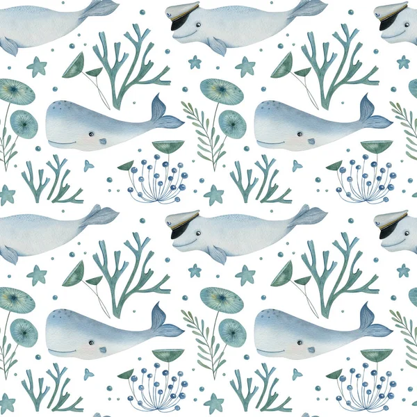Watercolor seamless pattern with Arctic cachalots and beluga with decorative plants elements on the white background. Funny kids illustration. Ideal for children\'s textile, wrapping, and other design.