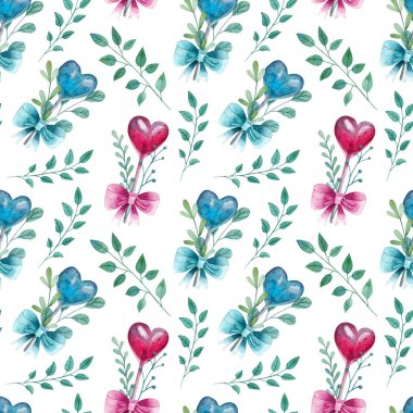 Lolipopları, yayları ve dalları olan dikişsiz suluboya desen. Klasik kompozisyon. Tekstil, ambalaj kağıdı ve kartpostallar için parlak arkaplan.