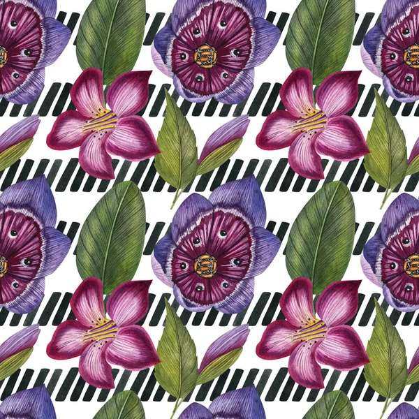 Aquarel Naadloos Patroon Met Bloemen Geometrische Elementen Etnische Moderne Stijl — Stockfoto