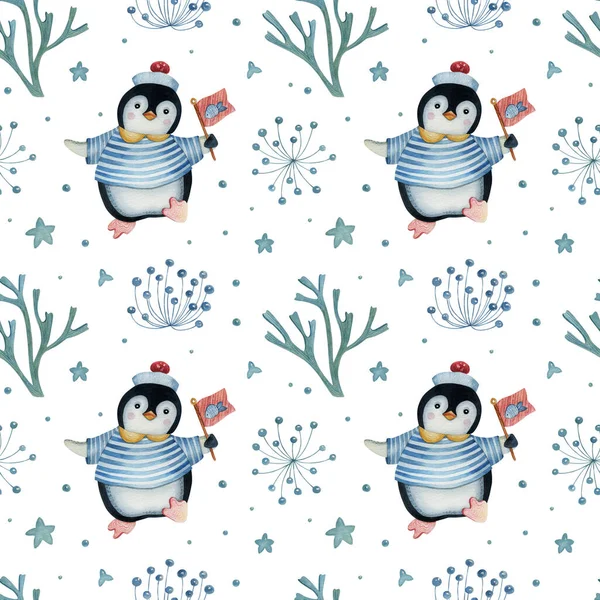 Akwarela Bezszwowy Wzór Pingwinów Elementów Dekoracyjnych Białym Tle Ilustracja Zabawnych — Zdjęcie stockowe