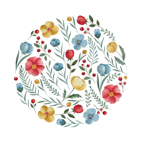Letni Akwarela Okrągłe Tło Kolorowymi Kwiatami Liśćmi Jagodami Białym Tle — Zdjęcie stockowe