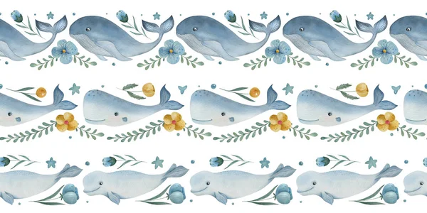Akvarel Hladké Hranice Mořskými Živočichy Bílém Pozadí Velryba Kachalot Běluha — Stock fotografie