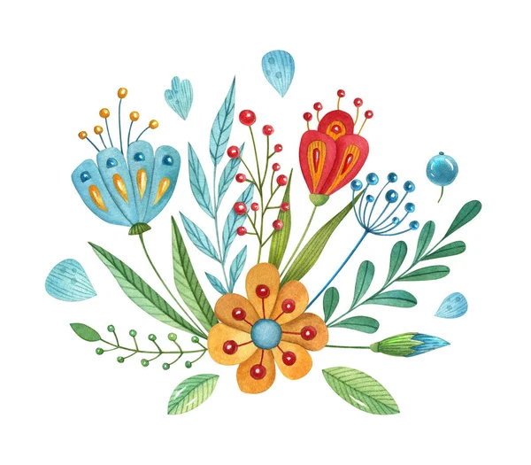 Υδατογραφία Ζωγραφισμένη Στο Χέρι Σύνθεση Λουλουδιών Φωτεινό Φόντο Λουλουδιών Καρτούν — Φωτογραφία Αρχείου