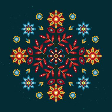 Çiçekli, parlak, yuvarlak desenli, dekor elementli. Etnik vektör şablonu. Kart, afiş, poster, tekstil ve ev dekorasyonu için tasarım. Vektör botanik çizimi.
