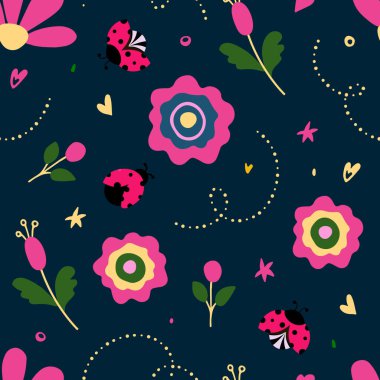 Koyu arkaplanda parlak çiçeksiz desen var. Botanik illüstrasyon. Duvar kağıdı, tekstil, tebrik kartları, davetiyeler, baskılar, ev dekorasyonu için sanat eserleri.