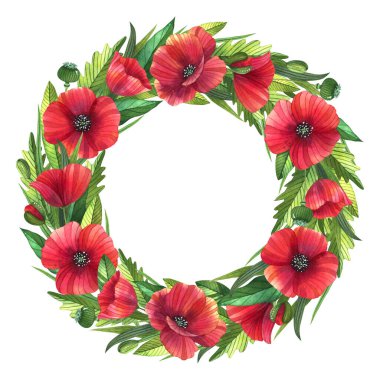 Kırmızı gelincikli romantik yaz çelengi. Düğün kartı, davetiye ve parmak izi için çiçek unsurlarıyla suluboya çizimi.