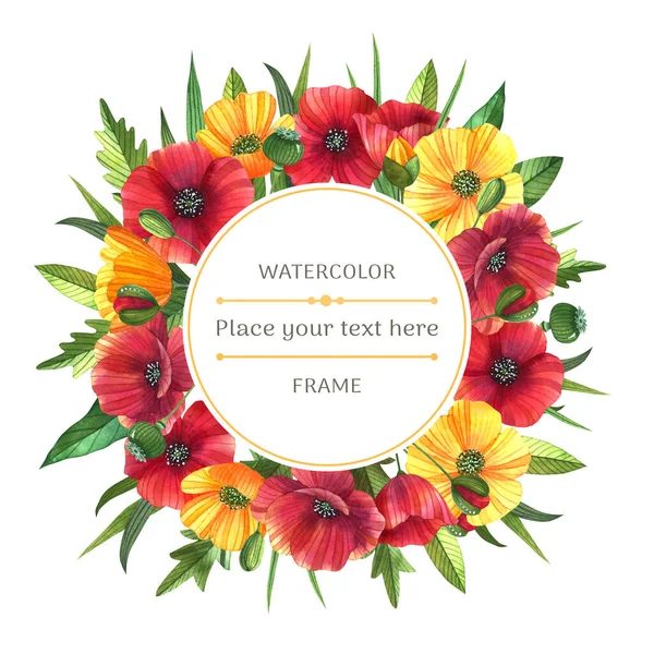 Bright Watercolor Frame Poppies Buttercups White Background Ideal Greeting Card — Stock Photo, Image
